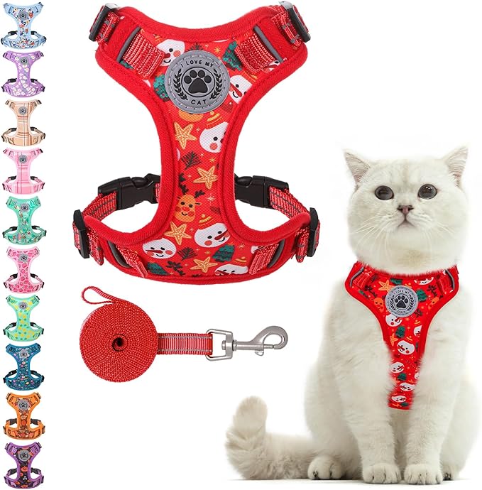 BEAUTYZOO Christmas Cat Harness and Leash Set Christmas Cat Escape Proof Adjustable Leash Cat Christmas Outfit, Comfortable Soft Christmas Vest, Neck Release with Reflective Strip