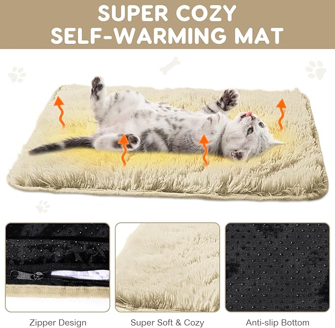 4 Pack Self Warming Cat Bed Pad Self Heating Cat Dog Mat with Fluffy Faux Fur Plush Cat Calming Bed Thermal Cat Mat Washable Pet Pad Anti Slip Bottom for Outdoor Indoor Pets (Camel,16" X 20")