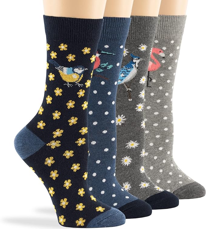 7BIGSTARS KINGDOM Womens Fun Cotton Crew Socks - 4 Pack L/M - Cactus Space Desert Coffee Fox Dog Hedgehog Puppy Flower Bird