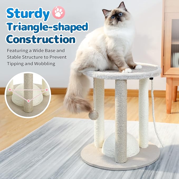 Made4Pets Cat Scratching Post,3 Cat Scratcher Posts with Soft Carpet Covered Perch,4 in 1 Kitten Toy,17" Small Cute Cat Tree Cat Tower with Hanging Ball Cat Toy, Scratching Posts for Indoor Cats