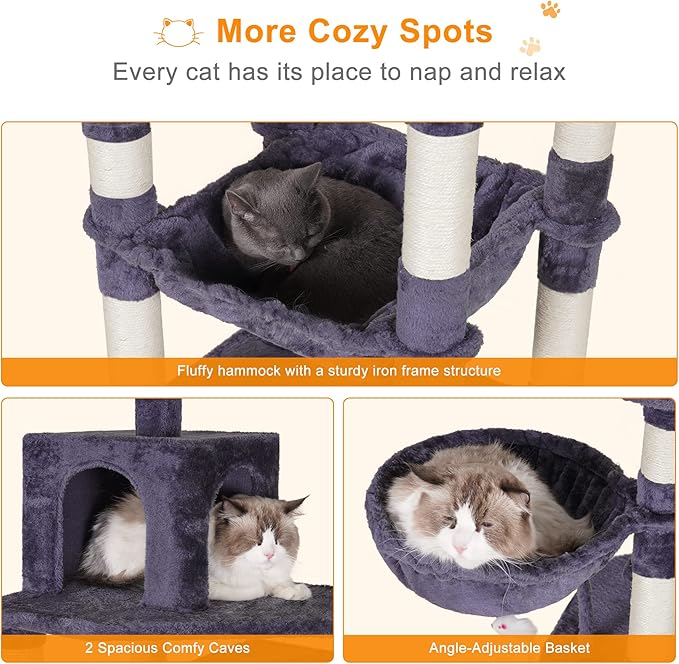 Heybly Cat Tree, 70 inches Tall Cat Tower condo with Toy for Indoor Large Cats, Cat House Furniture with Padded Plush Perch, Cozy Hammock and Sisal Scratching Posts,Smoky Gray HCT032G