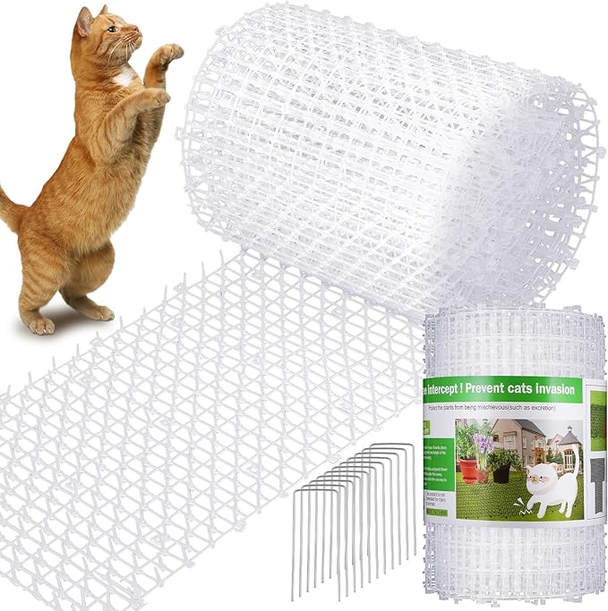 Sanwuta 2 Pcs 26.3 ft Cat Spike Mat Outdoor Cat Deterrent Mat with Spikes Prickle Strips Indoor Dog Digging Deterrent Anti Cats Network Cat Spikes with 10 Staples for Garden Fence (White)