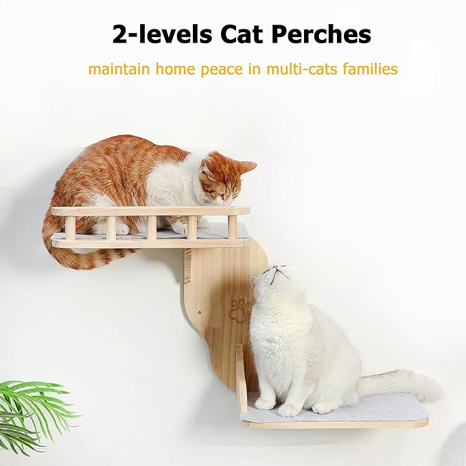 Wall Mounted Cat Shelves for Inside,2-Levels Wall Perch with Scratching Mat,Solid Pine Wood Floating Furniture for Climb,Lounge and Sleep (Left)