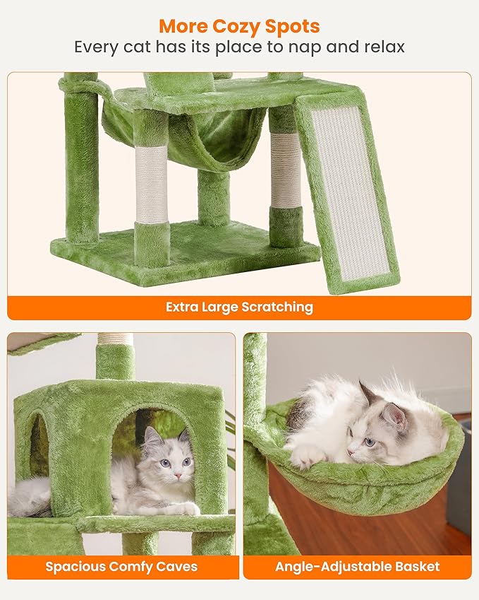 Heybly Cat Tree, Cat Tower for Indoor Cats,Multi-Level Cat Furniture Condo for Cats with Padded Plush Perch, Cozy Basket and Scratching Board Smoky Green HCT014GR