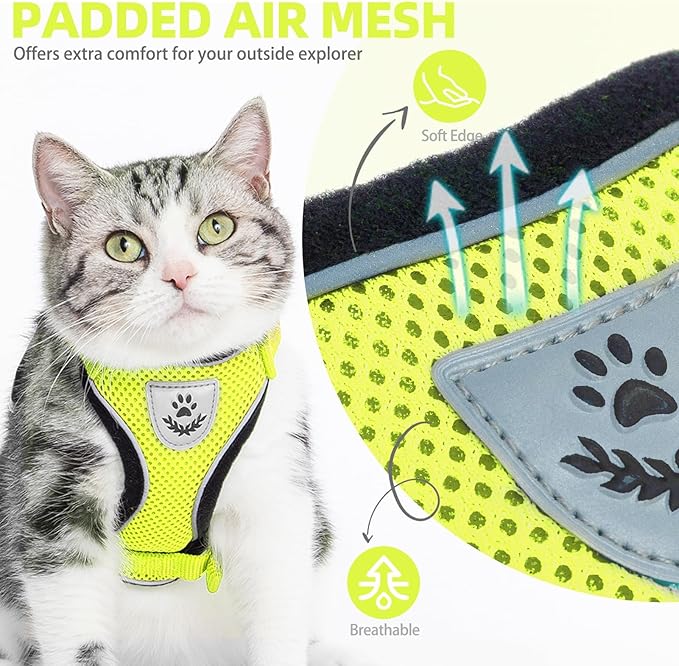 PUPTECK Cat Harness and Leash Set Escape Proof Reflective Cat Walking Harness Adjustable Soft Breathable Mesh Vest for Small Pets, Fluorescent Yellow, M
