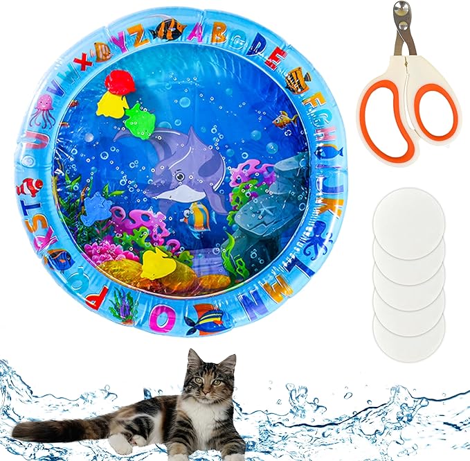 Upgraded Cat Water Sensory Mat with Patches Set - Including Thickened Water Playmat for Cats, Patches, Clipper, Fun Summer Toy for Bored Indoor Cat Self Play Rest Feel Cool Comfort (Round)
