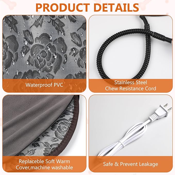 Riakrum 2 Pcs 16in Cat Heating Pad Round Pet Heating Pad Waterproof Cat Warming Pad Pet Electric Heating Mat Adjustable Heated Dog Pad with Washable Cover, Switch, Anti Bite Steel Cord for Cats Puppy