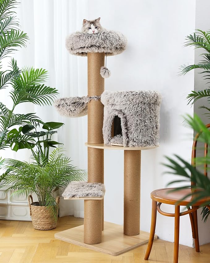 FUKUMARU Cat Tree, 61 Inch 5 in 1 Cat Tower for Indoor Cats, Plush Multi-Level Cat Condo with 6 Scratching Posts, Detachable and Washable Cushions, Activity House with Perch and Hammock for Most Cats