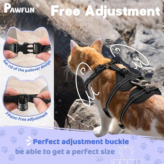 Fully Escape Proof Cat Harness and Leash Set for Walking, Adjustable Soft Kitten Vest with Reflective Strip for Small Medium Large Adult Cats, Breathable Kitty Harness,Black S