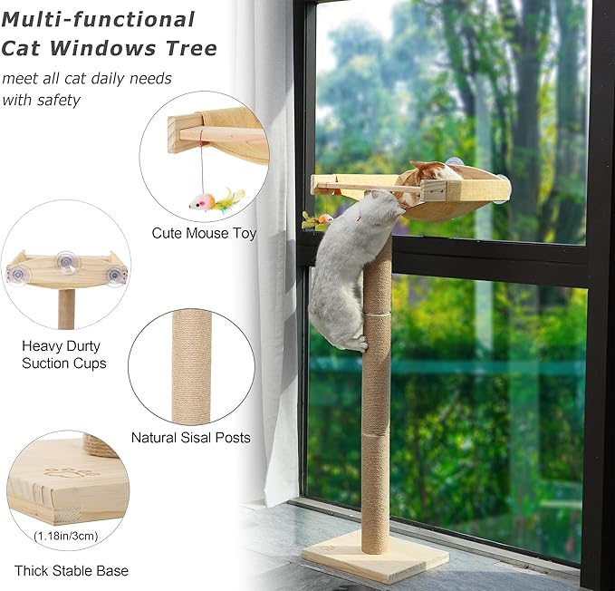 Cat Window Perch with Tall Scratching Posts, Inside 46" Climbing Tree Hammmock Mounted with Suction Cups for Sleeping,Playing and Watching Birds