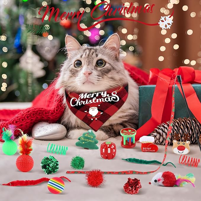 24Pcs Christmas Cat Stocking Toys Interactive Cat Toys Christmas Countdown Christmas Kitten Gift Set Christmas Hanging Stocking Xmas Cat Stocking Toy with Bibs Deer Bell Balls Xmas Tree Teaser for Cat
