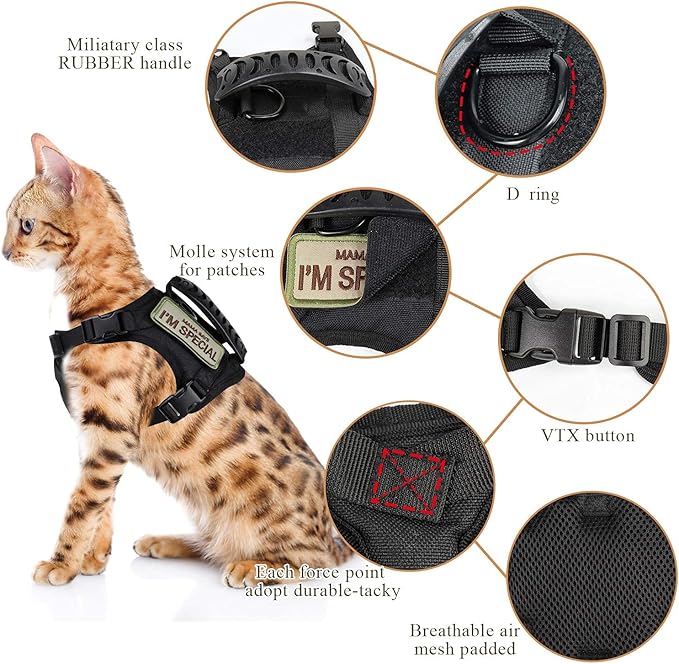 Tactical Cat Harness for Walking Escape Proof, Soft Mesh Adjustable Pet Vest Harness for Large Cat,Small Dog