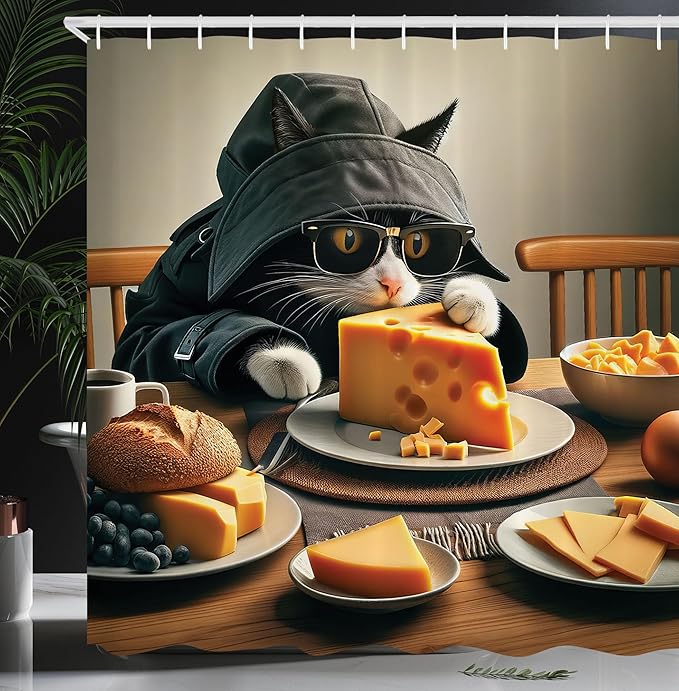 Ambesonne Cat Shower Curtain, Whimsical Kitty in a Mysterious Trench Coat Having a Feast with Cheese, Cloth Fabric Bathroom Decor Set with Hooks, 69" W x 70" L, Marigold and Charcoal Grey