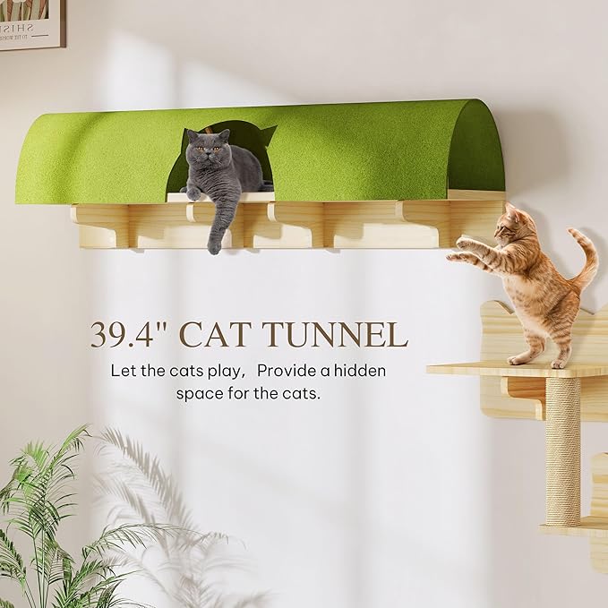 DWVO Solid Wood Cat Wall Shelves and Perches for Wall, Pine Wooden Wall Mounted Cat Furniture, Set of 7 Cat Climbing Shelves with Wall Steps, Scratching Post and Cat Tunnel