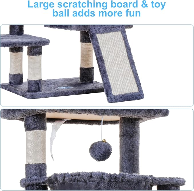 Hey-brother Cat Tree, Cat Tower for Indoor Cats, Cat House with Large Padded Bed, Cozy Condo, Hammocks, Sisal Scratching Posts, Big Scratcher, Smoky Gray MPJ006SG