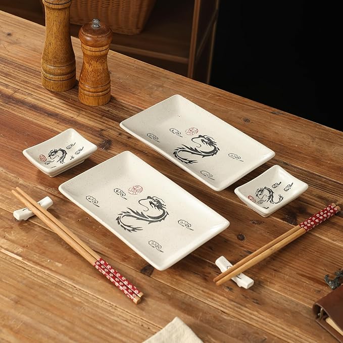 8 pcs Japanese Sushi Plate Sets Serving Platters and Trays for Entertaining Sushi Dishes Set Plates Sushi Plates Traditional Cuisine Dinnerware Sets with Chopsticks Dragon