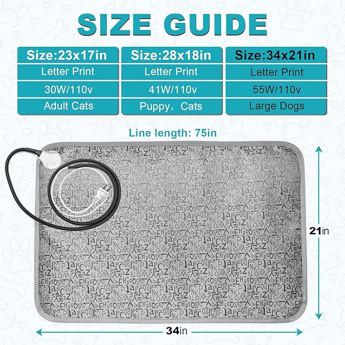 Large Dog Heating Pad, Pet Heated Pad Puppy Heating Pad for Whelping Box, Pet House Heat Pad, Waterproof Dog Heating Pad with Chew Resistant Steel Cord (Letter,34x21 in)