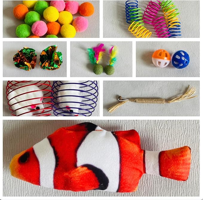 38Pcs Cat Toys,Plastic Springs,Catnip Fish,Plush Balls,Bell Balls,Mice cage Balls,Crinkle Balls,Catnip Balls,Silvervine and Mice Cat Toys,Bite,Hunt,Indoor Cat Toys