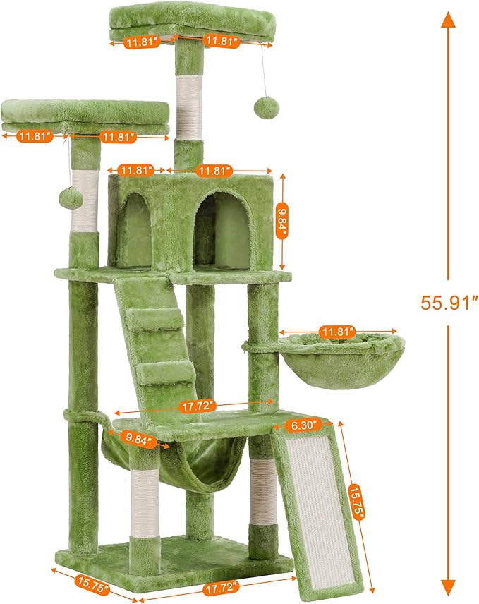 Heybly Cat Tree, Cat Tower for Indoor Cats,Multi-Level Cat Furniture Condo for Cats with Padded Plush Perch, Cozy Basket and Scratching Board Smoky Green HCT014GR