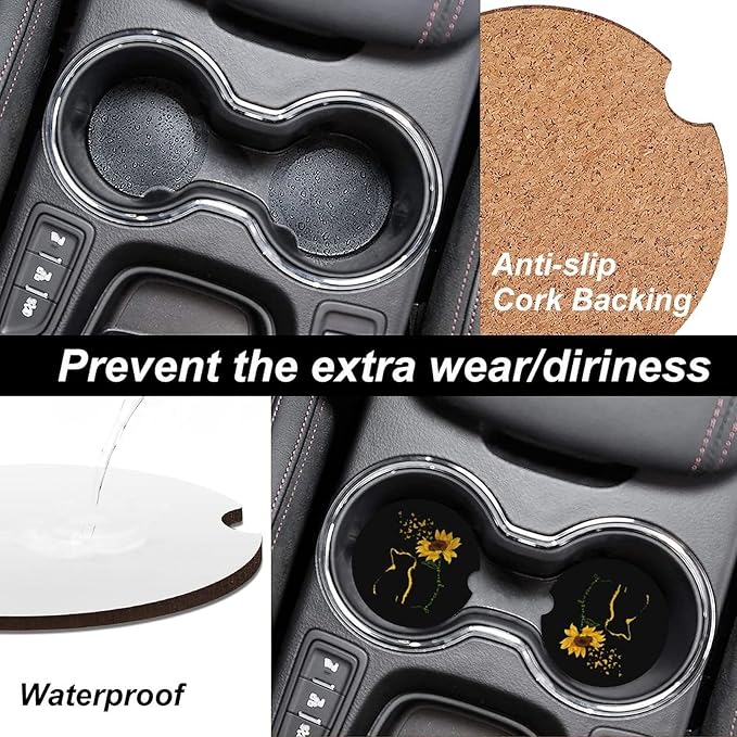 Absorbent Car Cupholder Coaster 2 Pack,Ceramic Stone Coaster with a Finger Notch for Women & Lady,Cork Base Drink Coasters 2.56 Inch,Cute Auto Accessories Gifts - Yellow Cat Sunflower