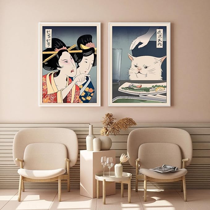 2 Pieces Fun Cute Canvas Paintings Japanese Women Yell at Cats Eat Food Posters and Prints Vintage Wall Art meme poster Pictures Dining Room Wall Decoration Living Room Kitchen Hallway Unframed 16x24 inches…