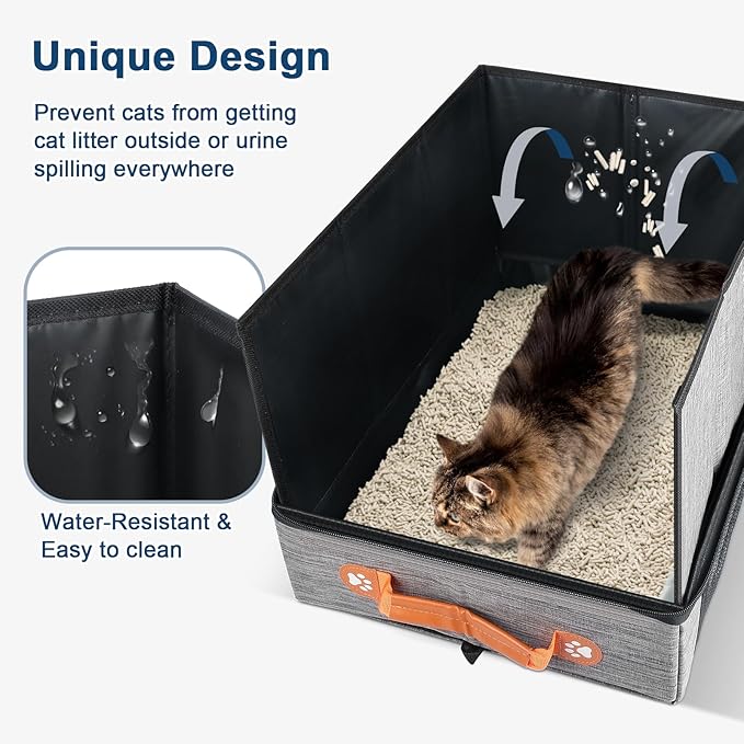 17.7*13.5*13.75" Large Travel Litter Box for Cats, Collapsible Cat Litter Box with Lid, Portable Cat Box with Zipper & Hard Bottom, Leak-Proof Kitty Litter Box for Car Hotel Airplane, Water-Resistant
