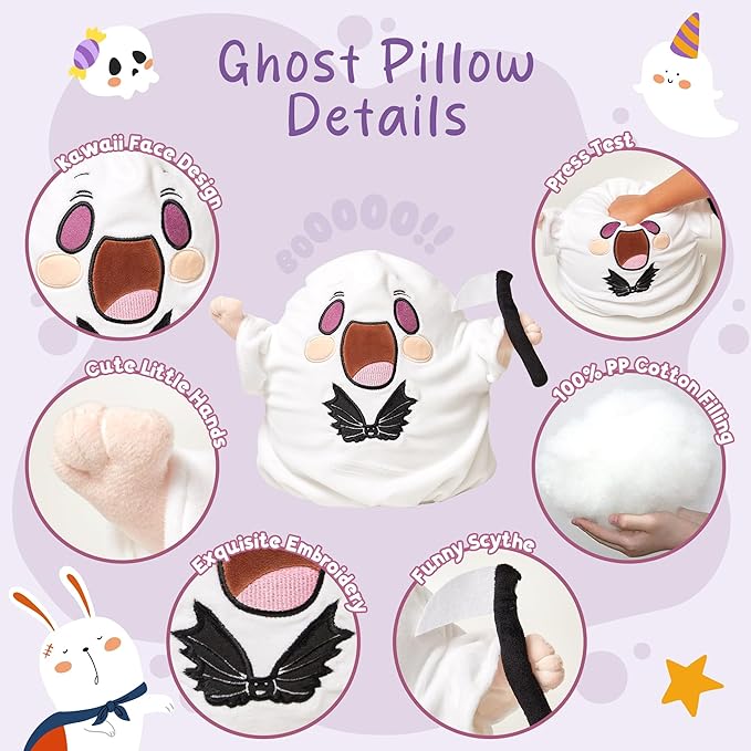1 Pcs Halloween Ghost Pillow, Soft Plush Ghost Throw Pillow with Scythe, Cute Halloween Decor for Home, Couch, Bed, Gift, Spooky Decorative Pillow for Kids and Adults, 9.4''