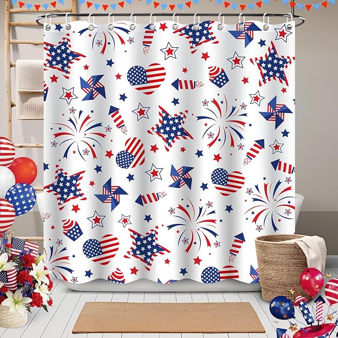 4th of July Waterproof Shower Curtain Set - Standard 71 x 71 inch, American Star Fireworks Independence Day Waterproof Fabric Shower Curtain with 12 Hooks, Bathroom Accessories, 1 Panel