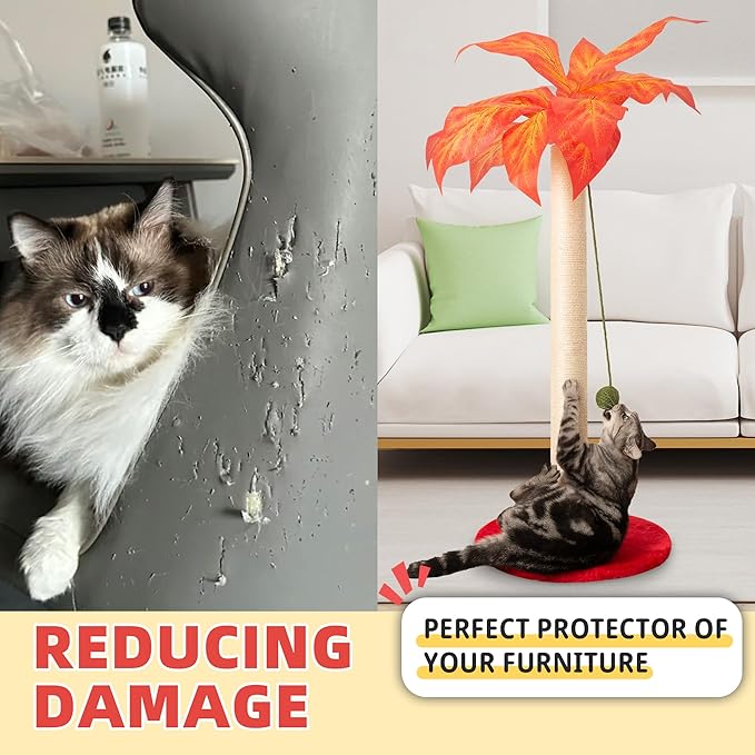 Cat Scratching Post Cat Scratcher 35 inch Tall Scratching Post with Sisal Rope for Indoor Cats Large Cat Scratching Post sisal cat Scratcher Cute for Kitten Scratching Post, Red