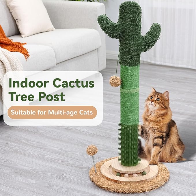OTOB 36" Tall Cat Scratching Post, Natural Sisal Rope Cactus Scratcher Post, Vertical 6-in-1 Interactive Turntable Cat Scratch Post with Soft Ball Toys, Protect Your Furniture for All Indoor Cats