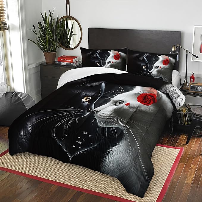 AILONEN Rose Cat Comforter Set Queen Size, Black & White Cat Couple Bedding Set for Kids Boys,Valentine Room Decor Romantic Duvet Set 3 Pieces, 1 Quilt and 2 Pillowcases