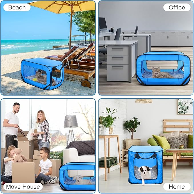 37 Inch Portable Cat Dog Crate with Mat Liner Pop up Dog Kennel Pet Tent Car Seat Travel Kennel Bed for Indoor Outdoor Waterproof Pet Crate Cage for Large Cat Medium Puppy Camping(Blue)