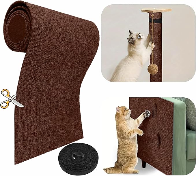 118”x15.8” Trimmable Cat Scratching Post Carpet Cover Cat Scratcher Mat Self-Adhesive Cat Tree Shelves Replacement Parts Mat with 5M Cable Tie Couch Furniture Protector for Indoor Cats (Brown)