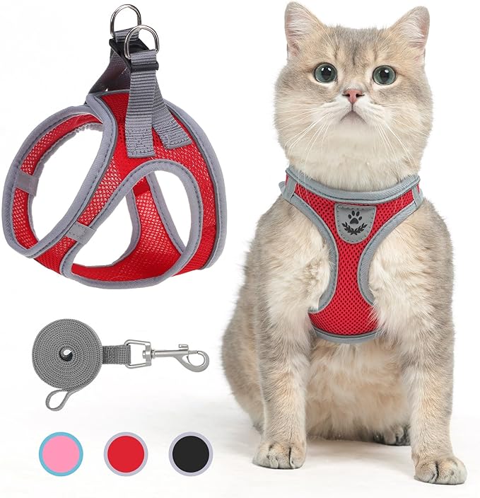 SCENEREAL Cat Harness and Leash Set Escape Proof, Adjustable Soft Air Mesh Kitten Harnesses for Girls Boys Small Medium Big Cats, Reflective Light Travel Pet Walking Vest for Puppy Rabbit, Red XL