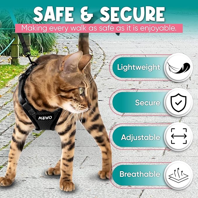 MEWO Cat Harness and Leash Set - Escape Proof, Reflective & Adjustable for a Safe & Snug Fit, Cat Walking Harness and Leash