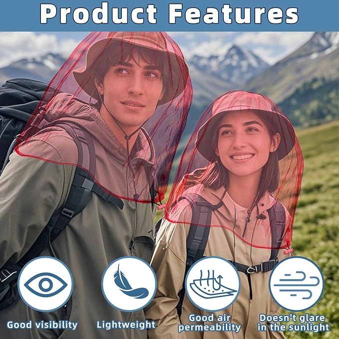 2 Pack Ultra Large Mosquito Net 42x25 Inches Mosquito Head Net Oversized Insect Netting Bug Net Fits Most Hats for Gardening Hiking Fishing Traveling(Pink)