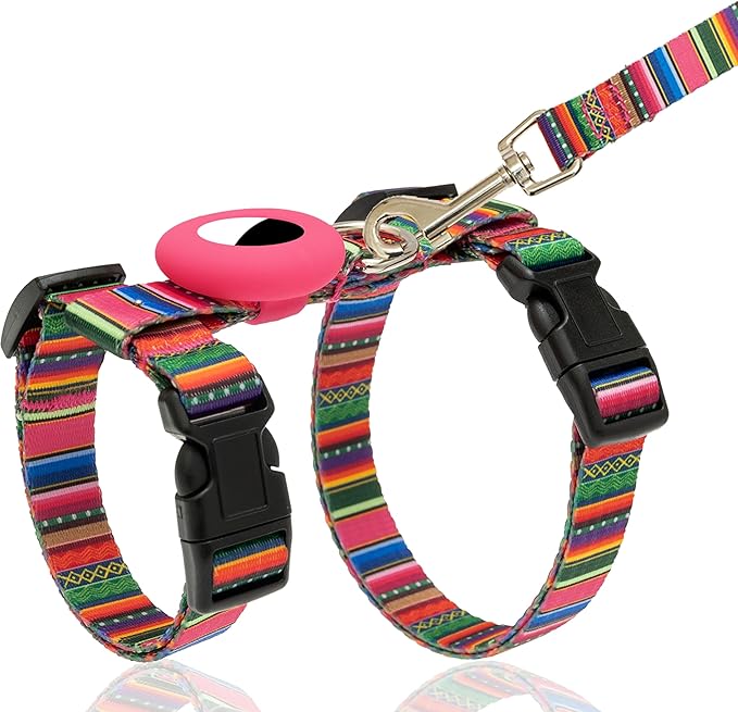 Cat Harness and Leash Escape Proof for Walking Travel Outdoor - Soft Nylon Adjustable Cute Cat Harness Leash Set with Airtag Holder for Small Medium Large Cats