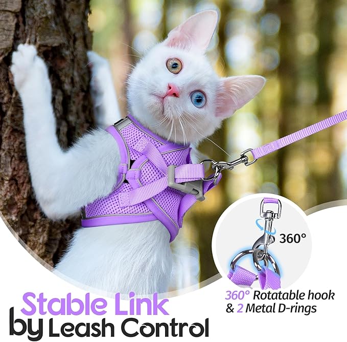 Dooradar Cat Harness and Leash Set, Escape Proof Lightweight Kitten Harness, Soft Breathable Reflective Vest for Outdoor Walking Traveling, Adjustable for Large Cats, Grey & Purple, L