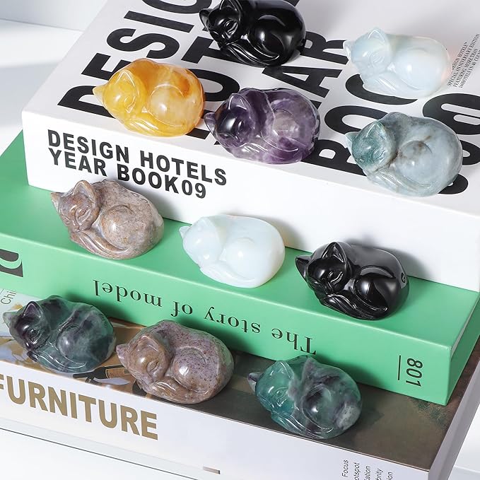 2" Sleeping Cat Statue Healing Crystals Hand Carved Cute Kitten Figurine, Worry Stone for Anxiety relif Home Desk Decor Animal Figurine