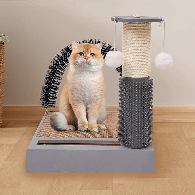 Cat Scratching Post with Cat Tower Tree and Cats Arch Self Groomer Massager Brush Kitty Ball Toys for Kittens,Cat Posts and Scratchers for Indoor Pets,Interactive Toy with Ball Track Spring Ball…