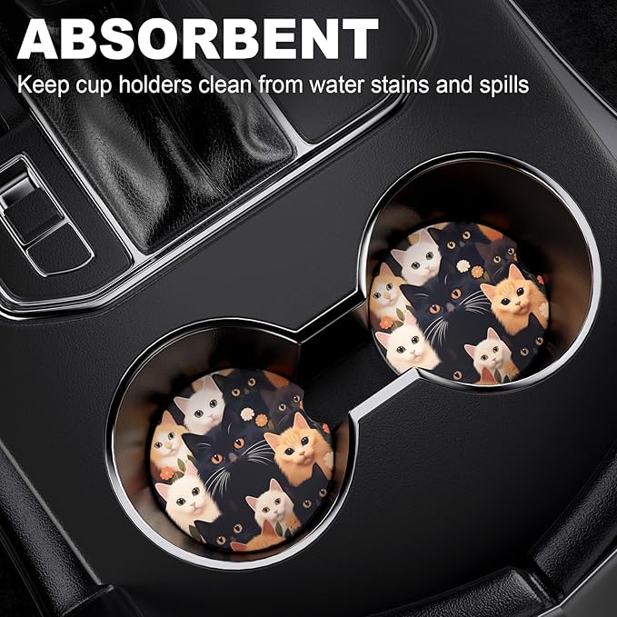 2 Pack Car Cup Holder Coaster, 2.63 inch Anti Slip Insert Absorbent Ceramic Car Coaster with Cork Base and Finger Notch, Cute Car Accessories Interior for Women, Cute Car Coasters., Cats