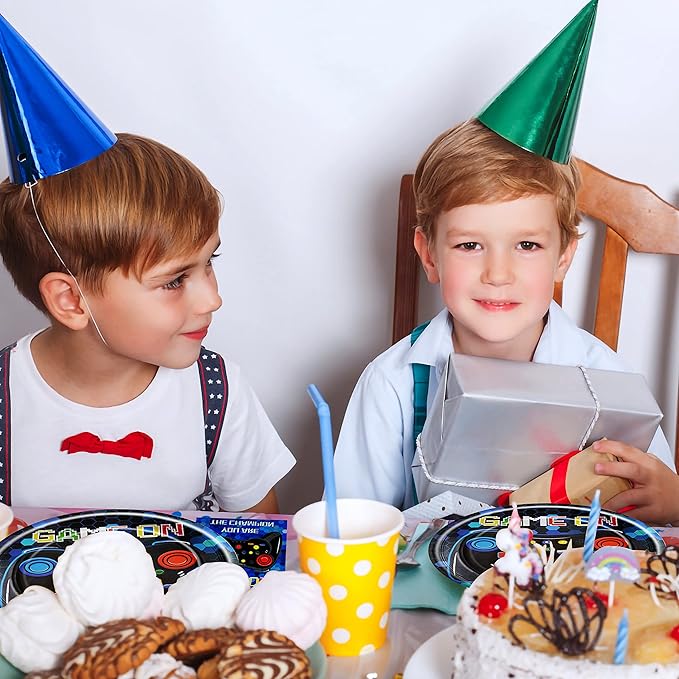96 Pcs Video Game Birthday Party Plates Napkins Forks Supplies Tableware Set Disposable Table Boys Gaming Theme Decoration for Kids Birthday Party, Serves 24 Guests