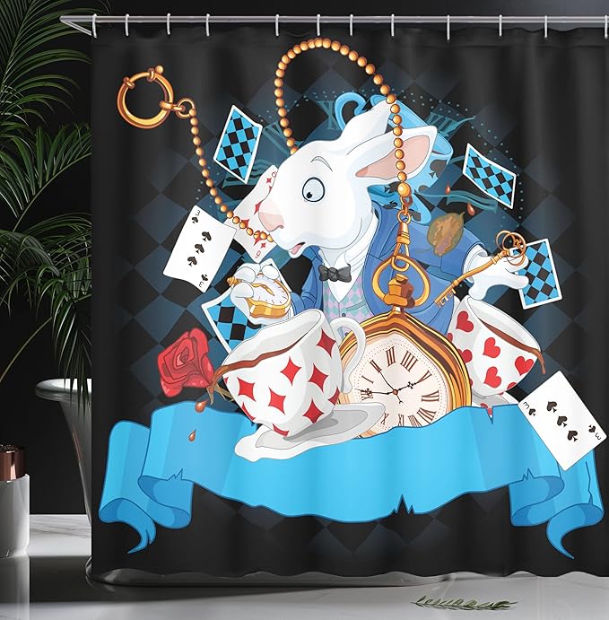 Ambesonne Alice in Wonderland Shower Curtain, Rabbit Motion Cups Hearts and Flower Character Alice Cartoon Style, Cloth Fabric Bathroom Decor Set with Hooks, 69" W x 70" L, Dark Blue Charcoal Grey