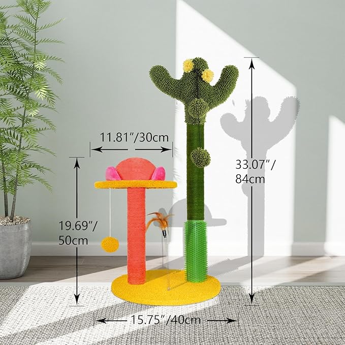 33" Tall Cat Scratching Post, Cactus and Mushroom Combination Cat Scratcher, Cat Toy with Removable Cat Teaser, Cat Scratch Tree Post with 3 Balls