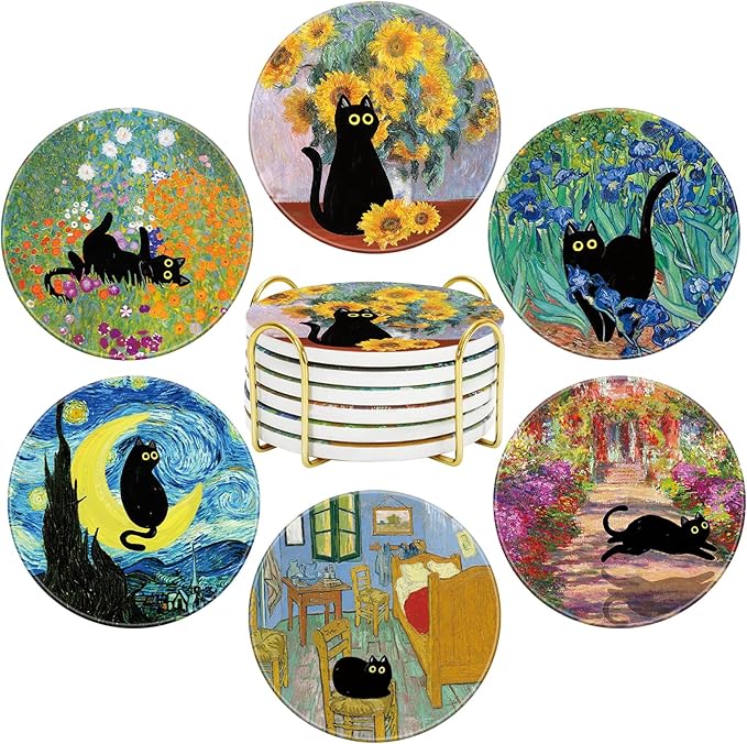 6Pcs Black Cat Painting Coaster Floral Animal Ceramic Coaster Cute Flower Absorbent Cup Mat for Spring Home Kitchen Party Table Decor