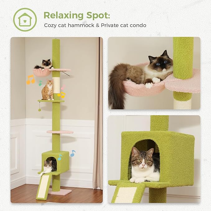 PETEPELA Floor to Ceiling Cat Tree, Cat Tower 5 Tiers Tall (83-108 Inches) Adjustable Height, Cat Climbing Tree Featuring with Cat Condo, Cat Scratching Post and Cat Perches for Indoor Cats, Pink
