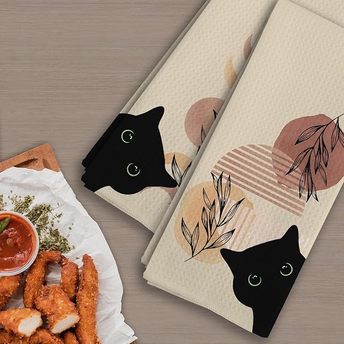 Abstract Boho Botanical Black Cat Kitchen Towels Set of 3, Cat Lover Mom Lady Gifts Decorative Dish Tea Towels, Boho Neutral Mid Century Modern Hand Towels for Bathroom Decor, 16X24In