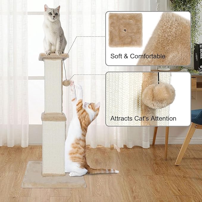 Topmart 31" Tall Cat Scratching Post for Indoor Cats Kittens, Sisal Scratching Post with Hanging Ball, Beige
