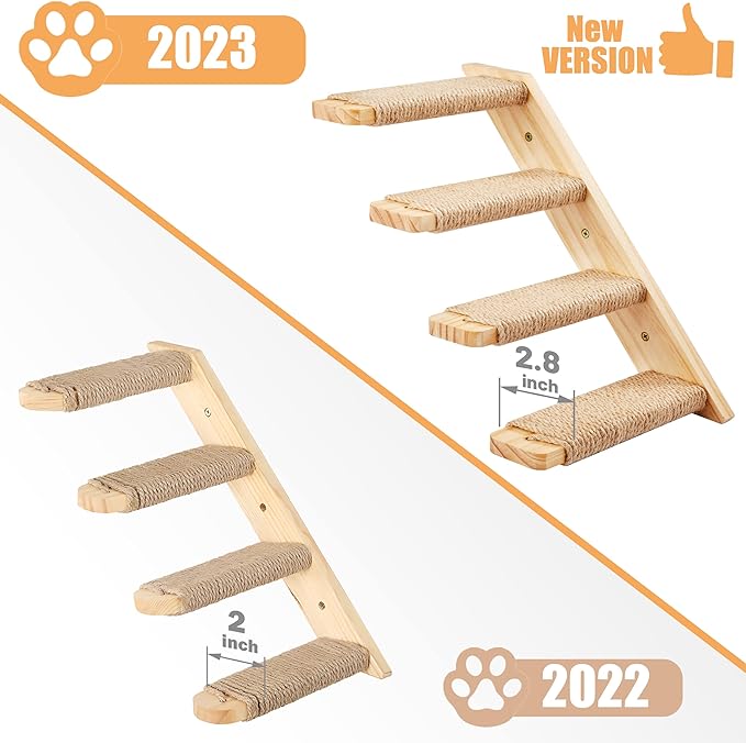 Cat Climbing Shelves Four Stair Shelf Wall Mounted Reversible Left & Right Direction, Cat Stairway Shelf for Climbing with Sisal Rope Ladder Cat Wall Furniture