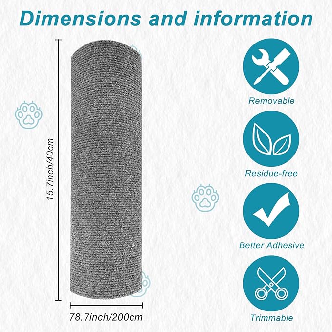 Trimmable Cat Scratching Post Carpet Covered 78.7”x15.8” Self-Adhesive Cat Tree Shelves Replacement Parts Mat Cat Scratcher for Cat Tree Shelf Shelves Steps Couch Furniture DIY Protector(Gray)
